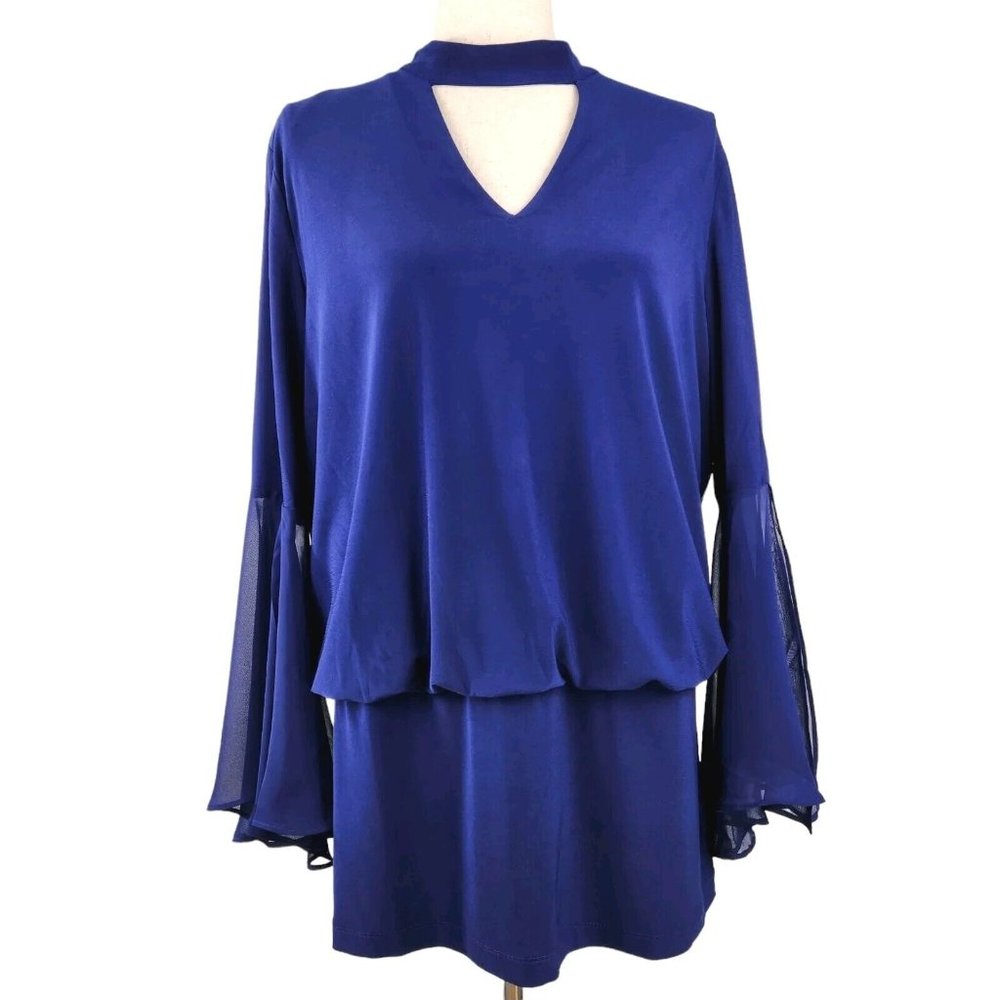 Laurie Felt L.A. Blouson Dress Large Blue Sheer Slit Bell Sleeves Cut-Out V-Neck